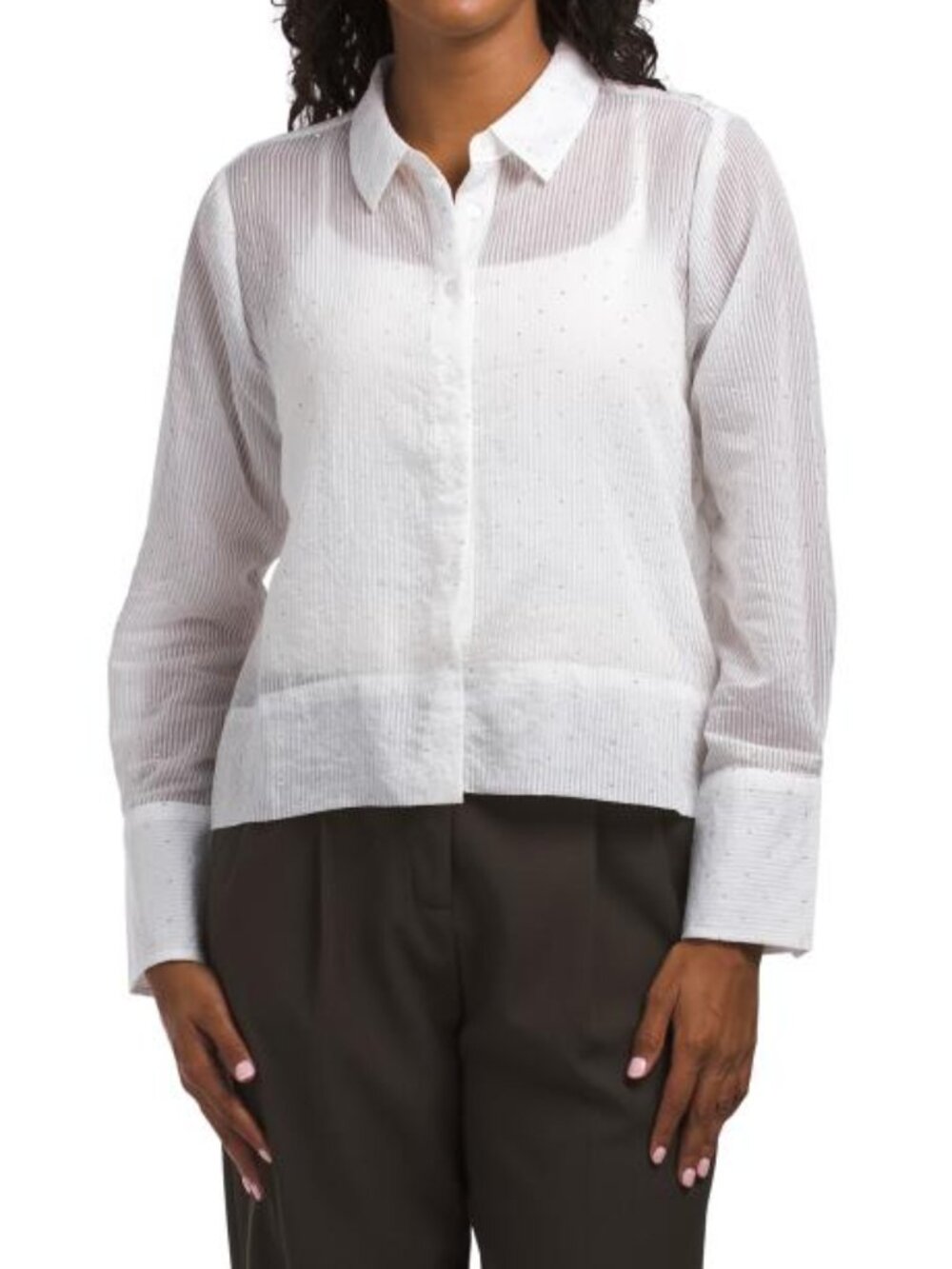 JANE & DELANCEY Sheer Seersucker Striped Embellished Long Sleeve